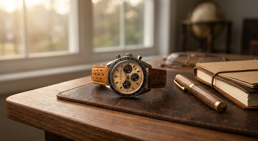 El reloj sobre una mesa de madera junto a una ventana con luz de tarde
