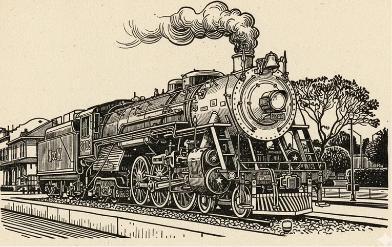 Ilustración a tinta de una locomotora de vapor llegando a la estación de Aguascalientes